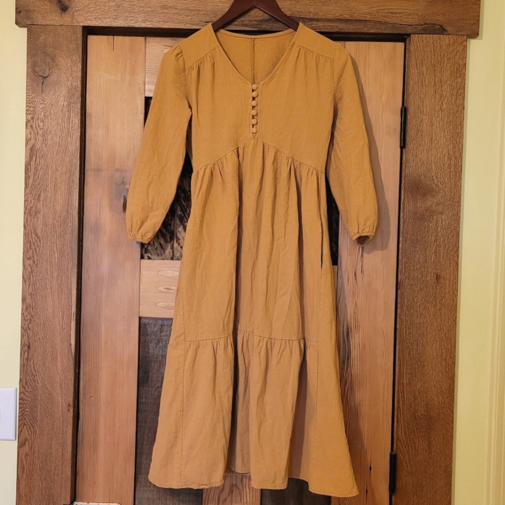Women’s Long Cotton Summer Flowy Yoked Tiered Peasant Dress - Mustard Orange -XS